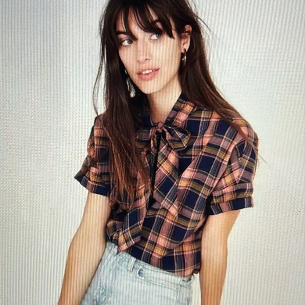 Madewell Short-Sleeve Tie-Neck Shirt in Junipero Plaid